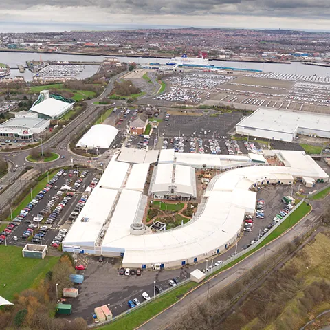 Aerial shot of Newcastle Quays Retail Park