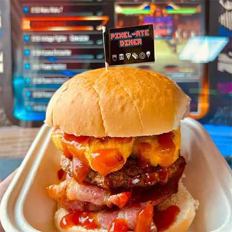 Breakfast burger with hash brown sausage patty and bacon