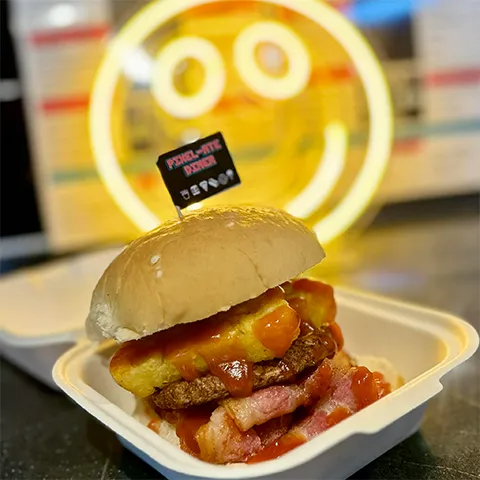 Breakfast burger with hash brown sausage patty and bacon